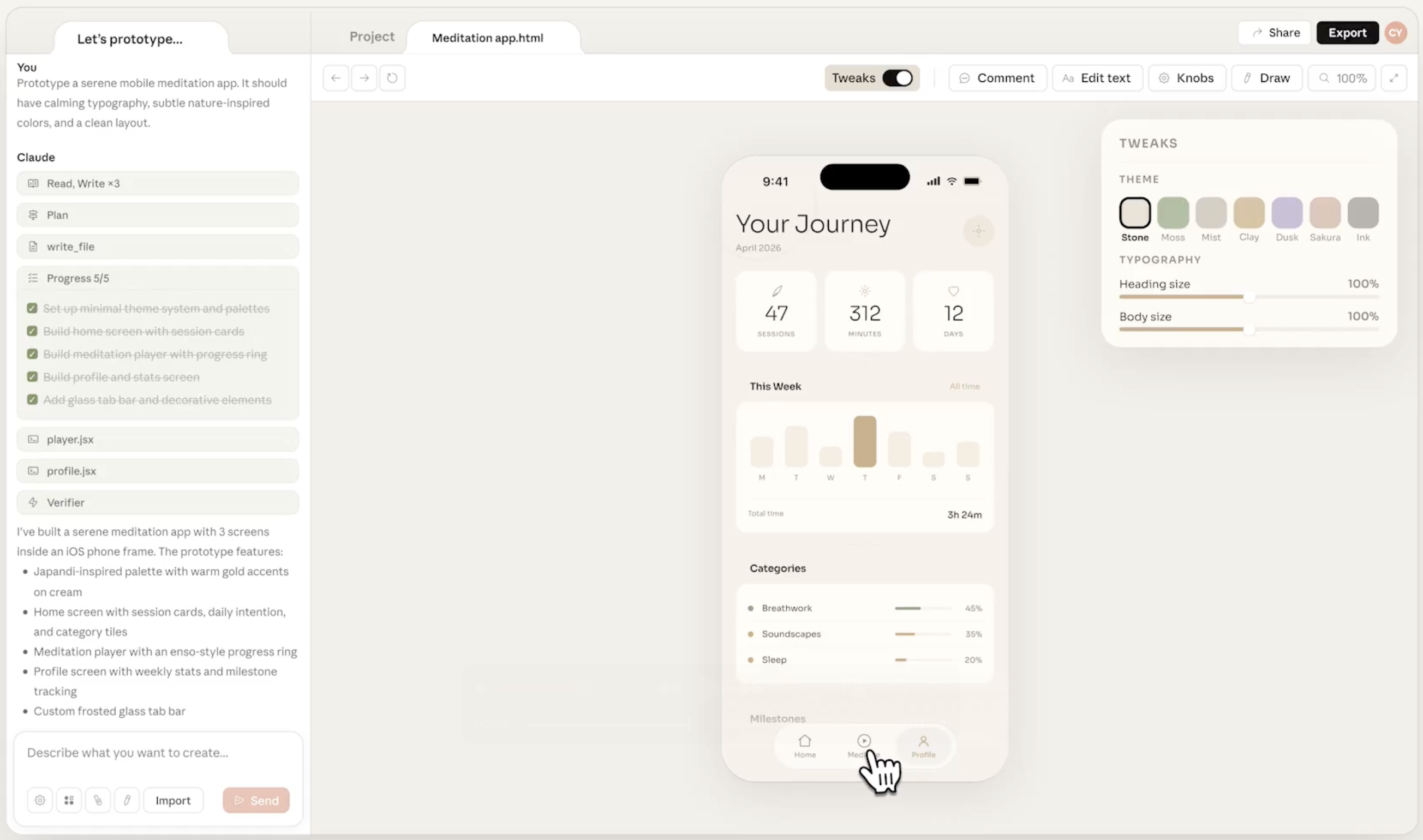 Claude Design output: a Japandi-style meditation app prototype with a 'Your Journey' home screen showing sessions, minutes, days, a weekly activity chart, and category breakdown, rendered inside an iOS phone frame. A Tweaks panel on the right offers theme swatches and typography sliders.