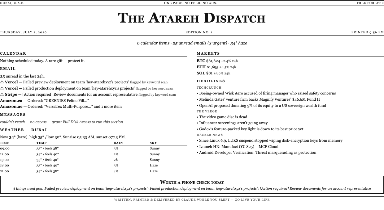 The Atareh Dispatch — a one-page printed newspaper with calendar, email, weather, markets and headlines sections