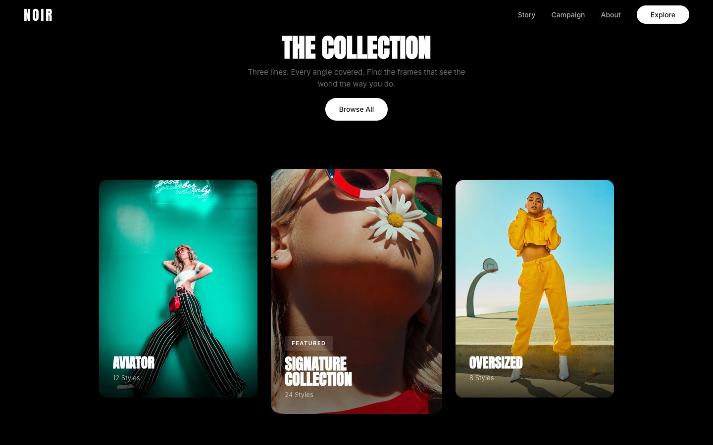 Three category cards — Organic Fresh Produce, Everyday Essentials, and Artisan Bakery — after the hero shrinks into the center card