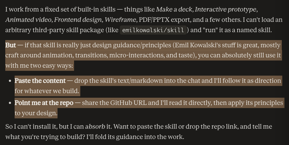 Claude Design explaining that it can absorb a third-party skill by pasting the content or the GitHub URL