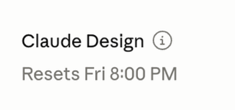 Old Claude Design weekly limit UI showing a separate reset timer